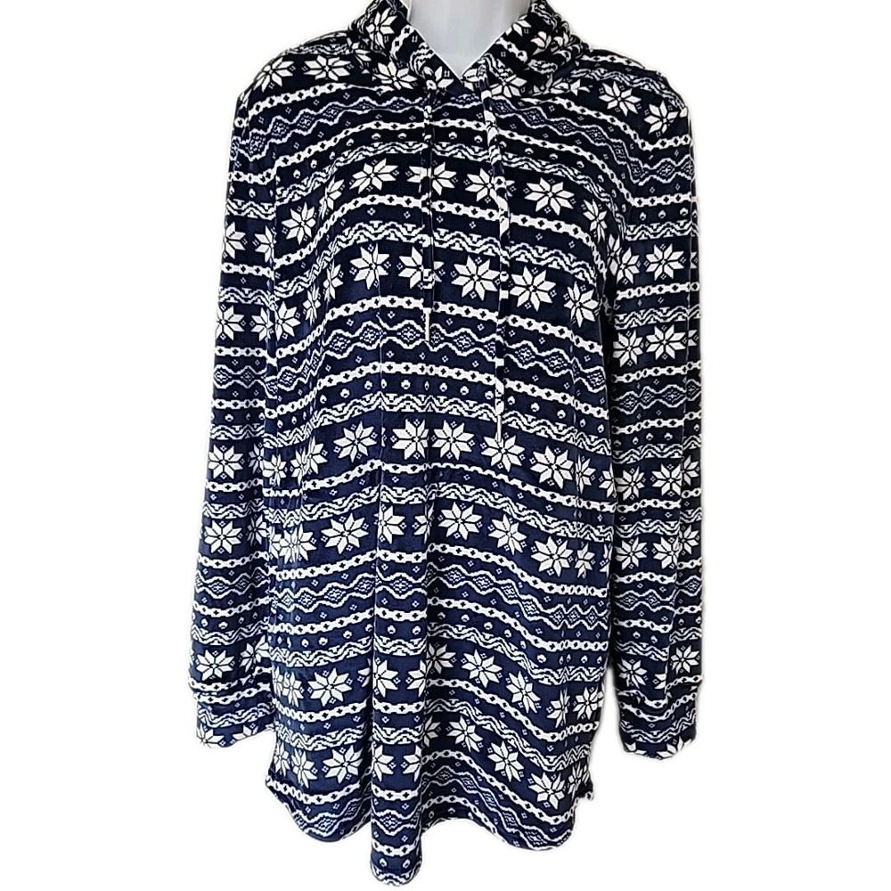 Lands' End Hoodie Blue White Snowflakes Pullover Fleece Soft Comfort Women's M